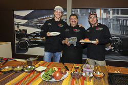 (From left to right): Nico Hulkenberg Sahara Force India F1, Chef Rubén Boldo Villegas and Sergio Pérez Sahara Force India F1 cooking Mexican food in their teams motor home.