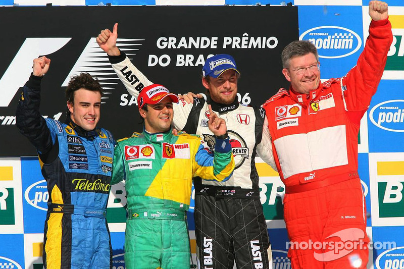 Podium: race winner Felipe Massa with 2006 World Champion Fernando Alonso, Jenson Button and Ross Brawn