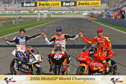 Motorrad-Weltmeister 2006: Alvaro Bautista (125er), Nicky Hayden (MotoGP), Jorge Lorenzo (250er)