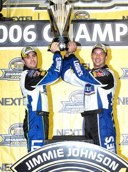 Championship victory lane: 2006 NASCAR Nextel Cup champion Jimmie Johnson celebrates with Chad Knaus