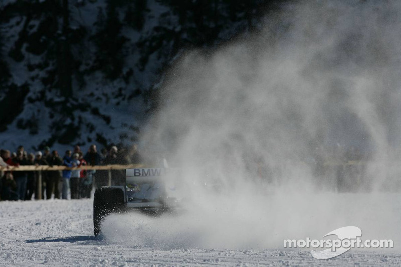 Nick Heidfeld drives a BMW Sauber F1 on the St Moritz horse racing on special spike tyres from Bridgestone