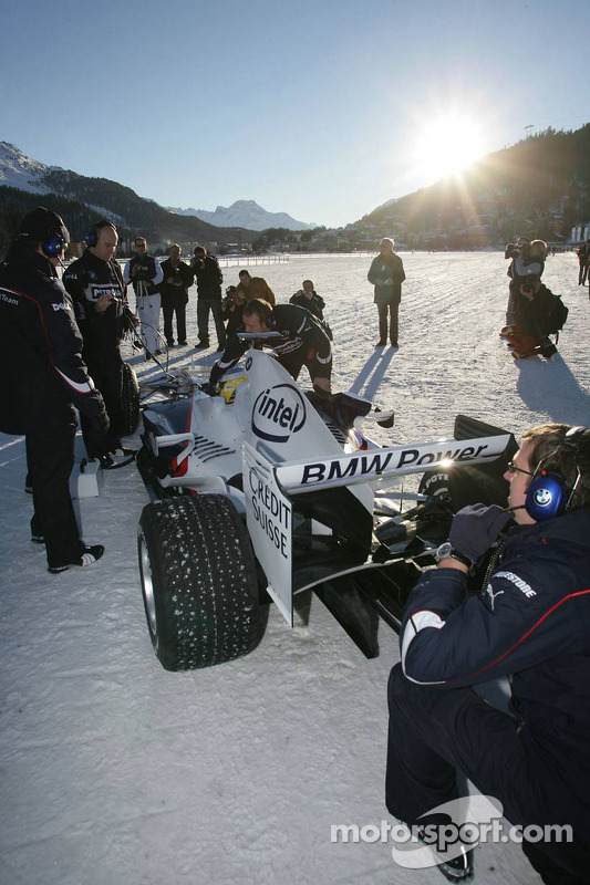 Nick Heidfeld drives a BMW Sauber F1 on the St Moritz horse racing on special spike tyres from Bridgestone