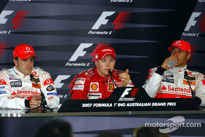 Press conference: race winner Kimi Raikkonen with Fernando Alonso and Lewis Hamilton