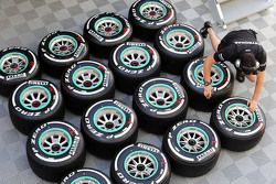 Pirelli tyres and a Mercedes AMG F1 mechanic