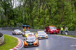 Crew repairs the damage on the guardrail after the crash of #50 Aston Martin Test Centre Aston Martin GT12