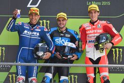 Podium : le deuxième, Enea Bastianini, Gresini Moto3, le vainqueur, Romano Fenati, Sky Racing Team VR46, le troisième, Francesco Bagnaia, Mapfre Mahindra Team