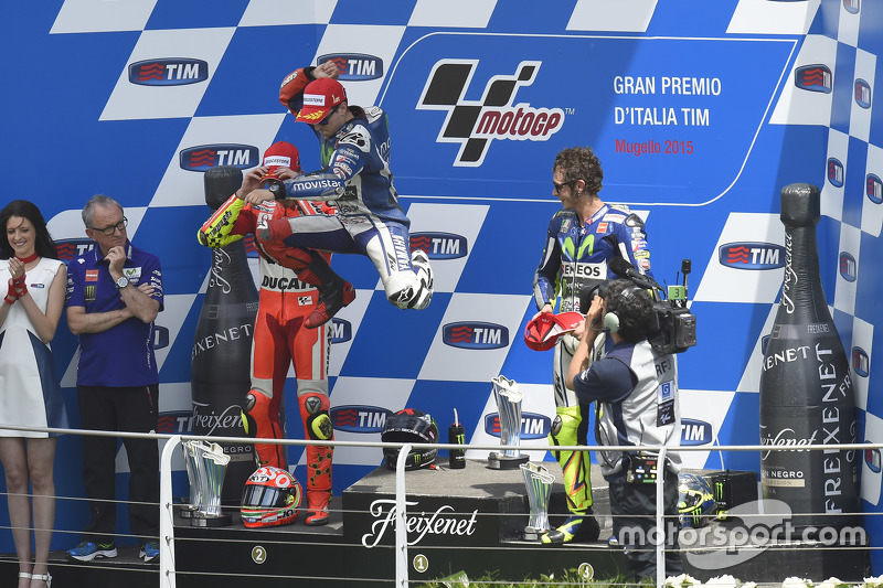 Podium: second place Andrea Iannone, Ducati Team and winner Jorge Lorenzo and third place Valentino 