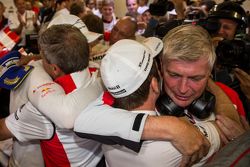 Porsche Team celebrates Le Mans overall victory in their garage