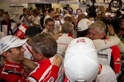 Porsche Team celebrates Le Mans overall victory in their garage