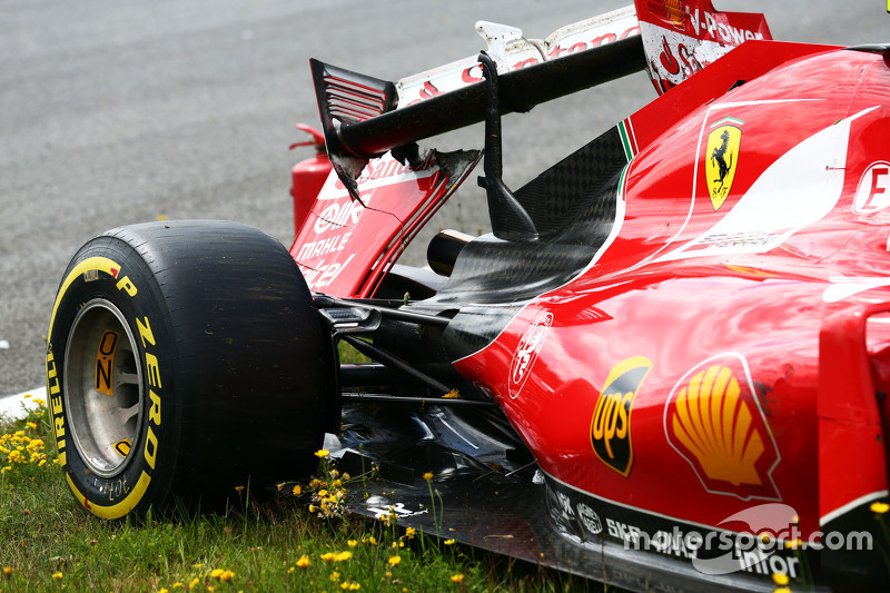 The damaged Ferrari SF15-T of race retiree Kimi Raikkonen, Ferrari