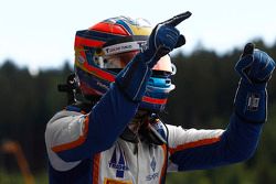 Race winner Oscar Tunjo, Trident celebrates his win in Parc Ferme