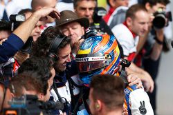 Race winner Oscar Tunjo, Trident celebrates his win in Parc Ferme