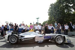 London Mayor Boris Johnson samples a Formula E car on the Battersea Park circuit