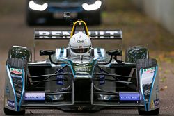 London Mayor Boris Johnson samples a Formula E car on the Battersea Park circuit