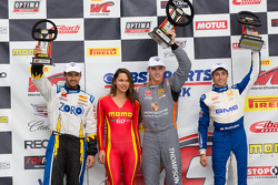 GT Cup podium: Race winner Colin Thompson, second place Alec Udell and third place Brett Sandberg