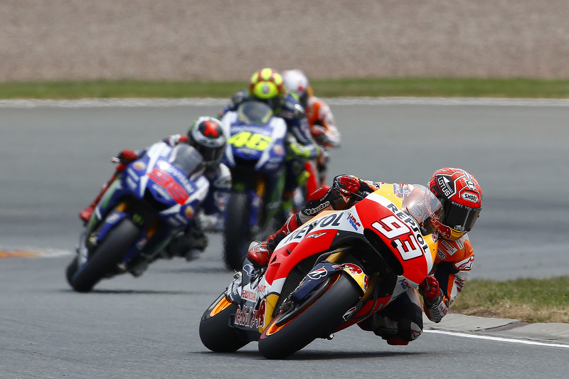 Marc Márquez, Repsol Honda Team y Jorge Lorenzo con Valentino Rossi, Yamaha Factory Racing, y Dani Pedrosa, Repsol Honda Team