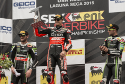 Podium: race winner Chaz Davies, Ducati Team, second place Tom Sykes, Kawasaki Racing, third place Jonathan Rea, Kawasaki Racing