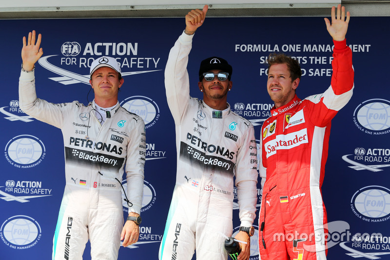 Qualifying top three in parc ferme,: Nico Rosberg, Mercedes AMG F1, second; Lewis Hamilton, Mercedes