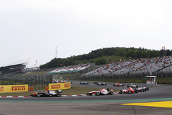 Luca Ghiotto, Trident leads Esteban Ocon, ART Grand Prix and Emil Bernstorff, Arden International at the re-start