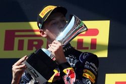 Daniil Kvyat, Red Bull Racing celebrates his second position on the podium