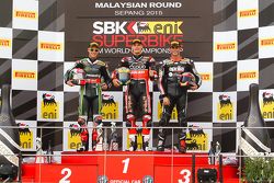 Podium race 2 : second place Jonathan Rea, Kawasaki, winner Chaz Davies, Ducati Team, third place Jordi Torres, Aprilia Racing Team