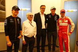 (L to R): Nico Rosberg, Mercedes AMG F1; Bernie Ecclestone, and Frank Hoffmann, RTL Television Programme Managing Director; Nico Hulkenberg, Sahara Force India F1; and Sebastian Vettel, Ferrari, as RTL announce a contract extension to show F1 through 2016-17