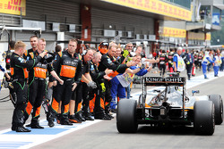Sergio Perez, Sahara Force India F1 VJM08 is congratulated by his team at the end of the race