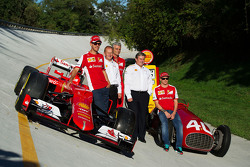 The Ferrari SF15-T and Ferrari 166 F1 cars on the Monza banking with Sebastian Vettel, Ferrari, John Abbott, Shell Downstream Director, Maurizio Arrivabene, Ferrari Team Principal, Istvan Kapitany, Shell Executive Vice President, Retail and Kimi Raikkonen Ferrari