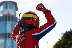 Race 1 Winner Emil Bernstorff, Arden International celebrates in Parc Ferme