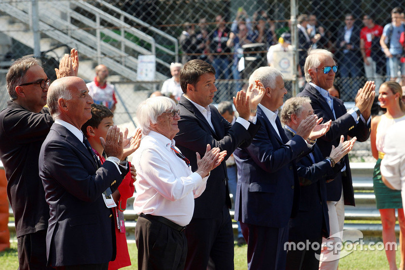 Dr Angelo Sticchi Damiani, Presidente Aci Csai, Sergio Marchionne, Presidente Ferrari e CEO Fiat Chrysler Automobiles, Bernie Ecclestone, Matteo Renzi, Primo Ministro Italiano, Gian Luca Galletti, Ministro, Jean Todt, Presidente FIA