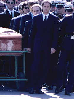Gerhard Berger, Rubens Barrichello, Thierry Boutsen, Alain Prost and Damon Hill help lead the casket of Ayrton Senna during the funeral procession