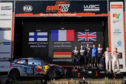 Podium: winners and 2015 WRC champions Sébastien Ogier and Julien Ingrassia, second place Jari-Matti Latvala and Miikka Anttila, third place Kris Meeke and Paul Nagle