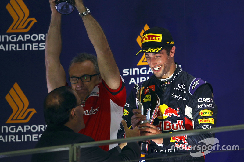 Daniel Ricciardo, Red Bull Racing celebrates his second position on the podium