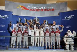 Podium: race winners Timo Bernhard, Mark Webber, Brendon Hartley, Porsche Team, second place Marcel Fässler, Andre Lotterer, Benoit Tréluyer, Audi Sport Team Joest, third place Lucas di Grassi, Loic Duval, Oliver Jarvis, Audi Sport Team Joest