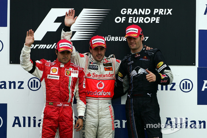 Podium: race winner Fernando Alonso with Felipe Massa and Mark Webber