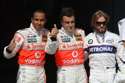 Pole winner Fernando Alonso, second, Lewis Hamilton, third, Nick Heidfeld