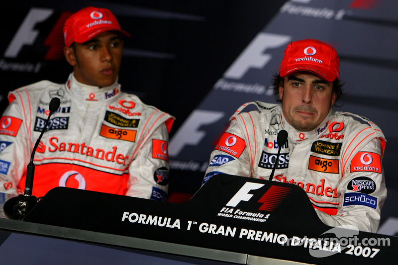 FIA press conference: pole winner Fernando Alonso with Lewis Hamilton