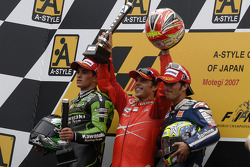 Podium: race winner Loris Capirossi with Randy De Puniet and Toni Elias