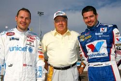 Canadian stock car legend Jean-Paul Cabana stands with Jacques Villeneuve and Patrick Carpentier