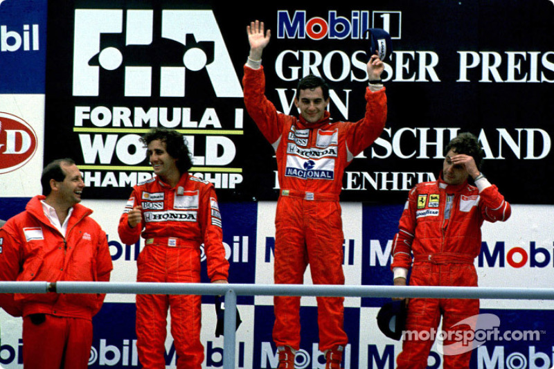 Podium: race winner Ayrton Senna with Alain Prost and Gerhard Berger