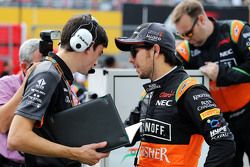 Sergio Perez, Sahara Force India F1 with Tim Wright, Sahara Force India F1 Team Race Engineer on the