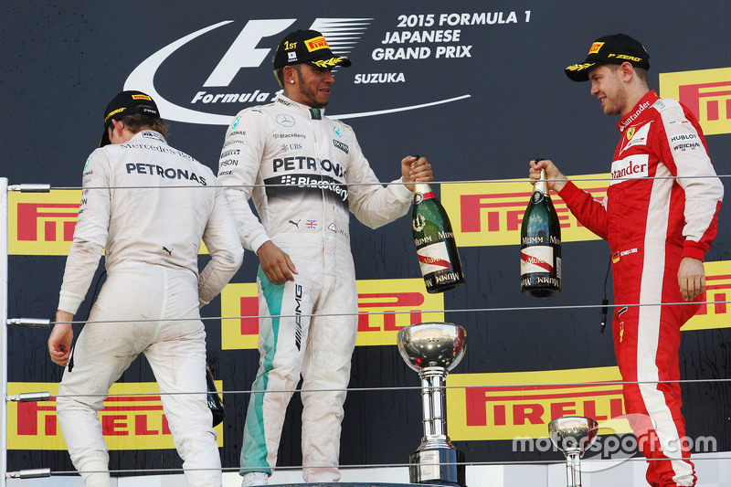 2015 Podium: 1. Lewis Hamilton, Mercedes. 2. Nico Rosberg, Mercedes. 3. Sebastian Vettel, Ferrari