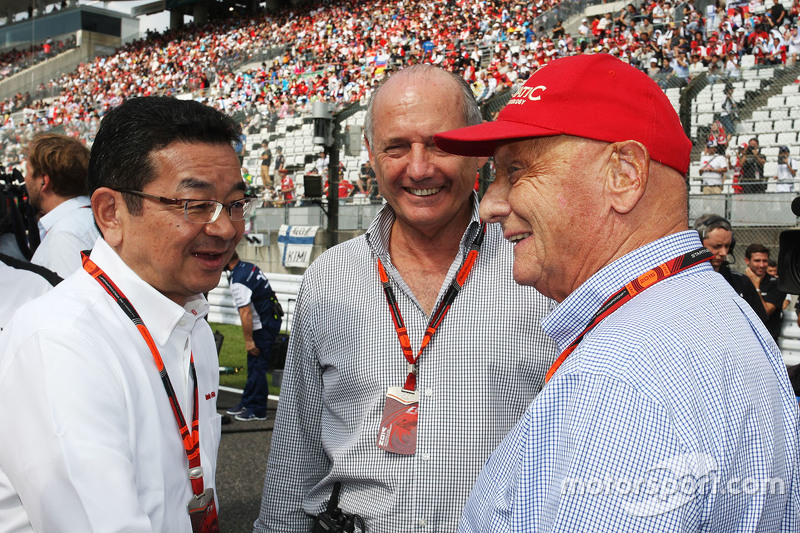 Takahiro Hachigo, Honda CEO with Ron Dennis, McLaren Executive Chairman and Niki Lauda, Mercedes Non