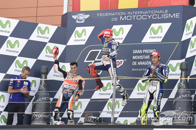 Dani Pedrosa, Repsol Honda Team y ganador Jorge Lorenzo y Valentino Rossi tercer lugar, Yamaha Facto