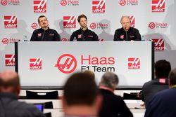 Haas F1 Team's Gunther Steiner, Romain Grosjean and Gene Haas