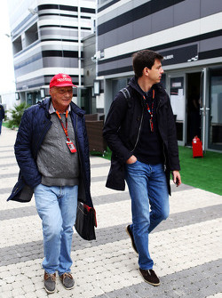 (L to R): Niki Lauda, Mercedes Non-Executive Chairman with Toto Wolff, Mercedes AMG F1 Shareholder and Executive Director