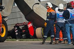 The Scuderia Toro Rosso STR10 of Carlos Sainz Jr., in the Tecpro barriers after he crashed in the third practice session