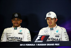 (L to R): Lewis Hamilton, Mercedes AMG F1 and team mate Nico Rosberg, Mercedes AMG F1 in the post qualifying FIA Press Conference