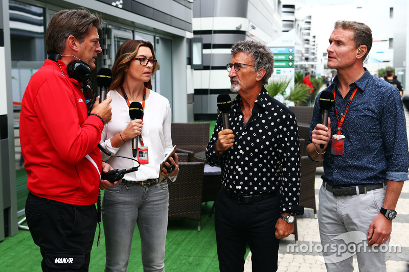 (L to R): Graeme Lowdon, Manor F1 Team Chief Executive Officer with Suzi Perry, BBC F1 Presenter; Eddie Jordan, BBC Television Pundit; and David Coulthard, Red Bull Racing and Scuderia Toro Advisor / BBC Television Commentator