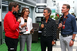 (L to R): Graeme Lowdon, Manor F1 Team Chief Executive Officer with Suzi Perry, BBC F1 Presenter; Eddie Jordan, BBC Television Pundit; and David Coulthard, Red Bull Racing and Scuderia Toro Advisor / BBC Television Commentator